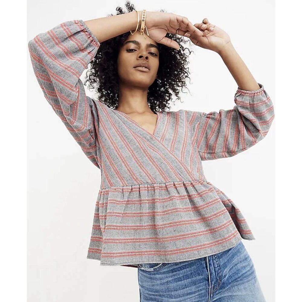 Madewell Striped Bubble-Sleeve Peplum Top Gray Medium NWT